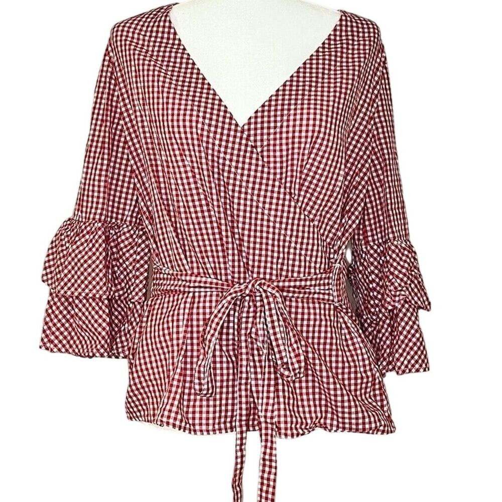 BEACHLUNCHLOUNGE Shirt Size M Red Gingham Ruffle‎ Sleeve 100% Cotton (E113)